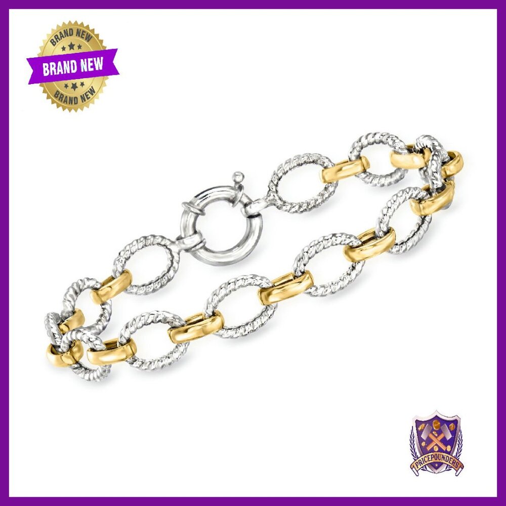 Sterling Silver Two-Tone Link Bracelet 7 Inch Springring Clasp